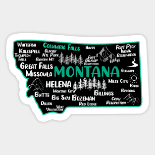 Cute map of Columbia Falls Montana, Helena, Missoula, Great Falls, Bozemian, Billings, Kalispell, Big Sky Sticker